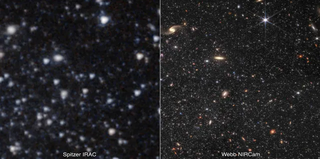 Comparativa de la galaxia WLM fotografiada por el Spitzer y el James Webb