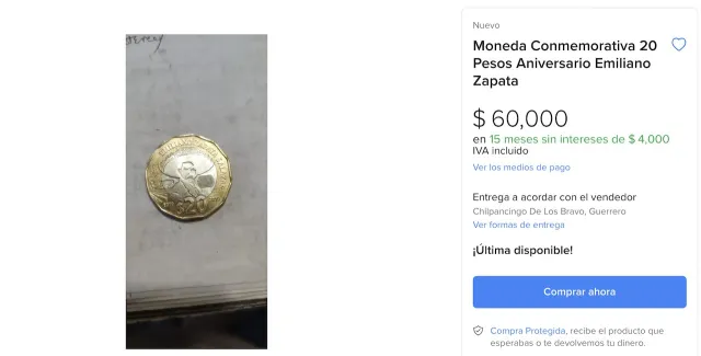 Moneda de 20 pesos ofertada en 60 mil pesos en Mercado Libre