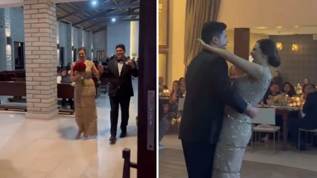 La novia se puso un vestido dorado y se casó