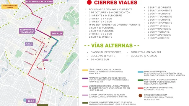 Cortes de circulación y cierres viales por marchas del 8M en Puebla. Foto: Tránsito Puebla