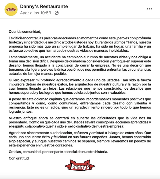 Comunicado de Danny's donde anuncian cierre