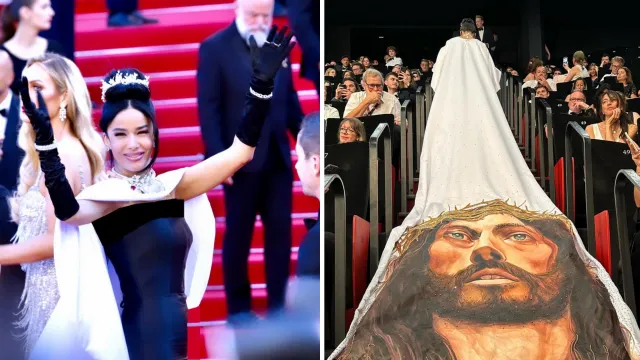 Vestido con el retrato de Cristo llevado por Massiel Taveras. Foto: Instagram @masieltaveras