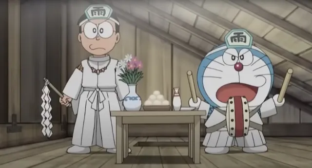 Doraemon y Nobita realizan ritual para atraer la lluvia