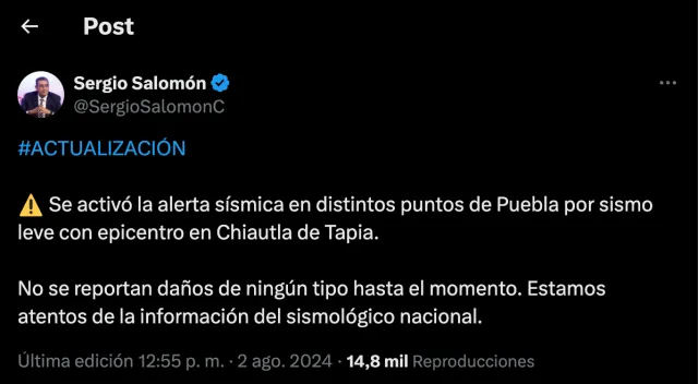 Gobernador de Puebla confirma sismo