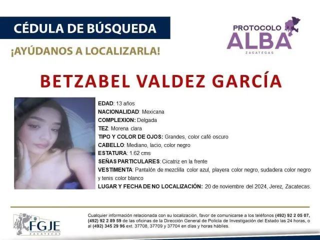 Menor desaparecida en Zacatecas. Foto: Protocolo ALBA