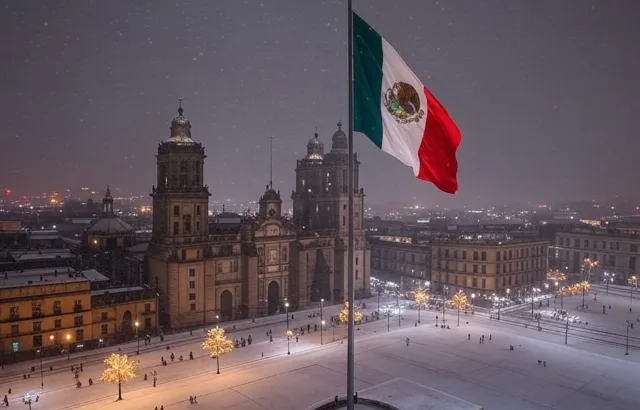 ¿Y có¿Y cómo luciría el Zócalo de la CDMX en una noche de nevada? Esta imagen creada con IA da una idea. Foto: IA Grokmo luciría el Zócalo de la CDMX en una noche de nevada? Esta imagen creada con IA da una idea. Foto: IA Grok