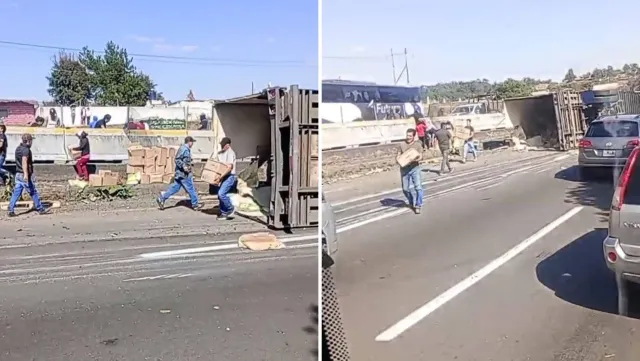 Habitantes aprovecharon para robar mercancía del Tráiler accidentado. Foto: Redes Sociales