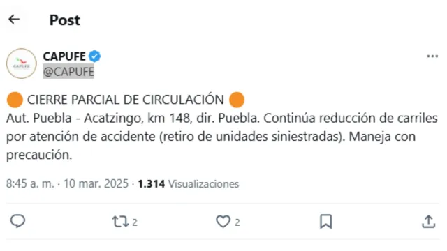 Capufe confirma reducción de carriles por accidente en Autopista Puebla-Orizaba. Foto: X @CAPUFE