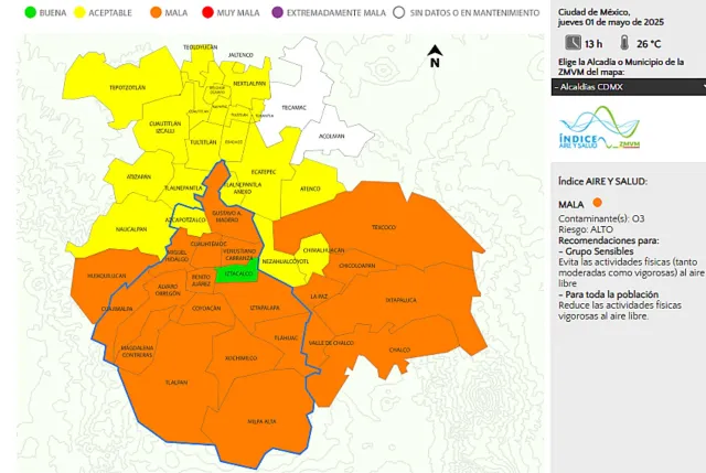 Calidad aire CDMX a las 13:00 horas del 1 de mayo. Foto: Dirección de Monitoreo Atmosférico