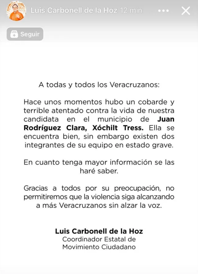Coordinador Estatal de Movimiento Ciudadano confirmó que la candidata Xóchitl Tress se encuentra bien tras este atentado. Foto: Luis Carbonell de la Hoz
