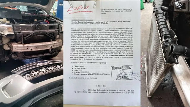 Denuncian Verificentro de Puebla por daños en camioneta particular. Foto: N+