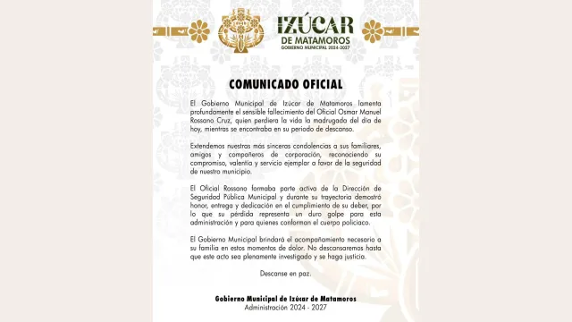 Así despidió el Ayuntamiento al policía municipal atacado. Foto: Gobierno de Izúcar de Matamoros