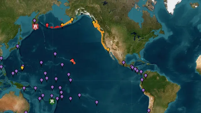Mapa de alerta por tsunami tras sismo de magnitud 8.8 en Rusia