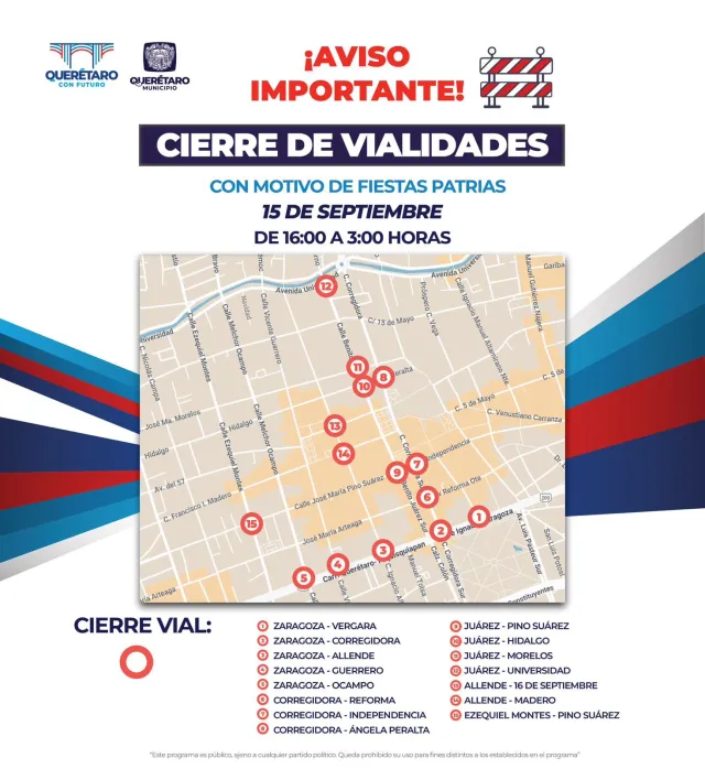 Cierres Viales en Querétaro 15 de Septiembre 2025