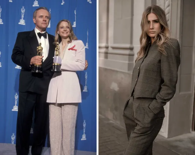 Jodie Foster con una variación del ‘power suit’ de Armani; a su lado, un power suit de los ochenta