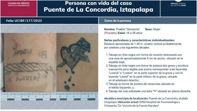Fotoboletin de persona en calidad de desconocida por explosión en Iztapalapa. Foto: Fiscalía CDMX
