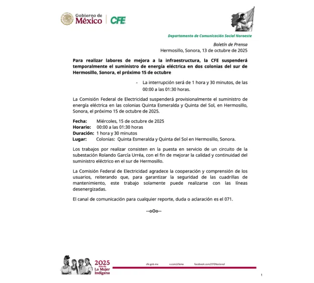 CFE corte en colonias al sur de Hermosillo