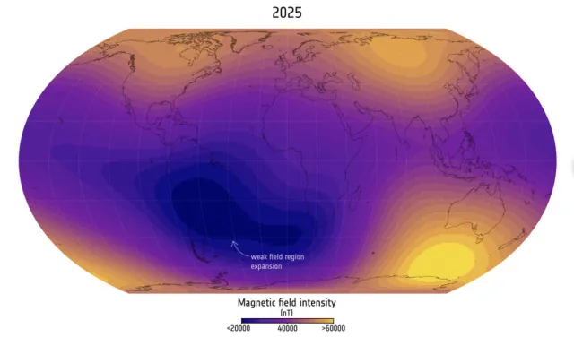 Anomalía del Altántico Sur en el campo magnético de la Tierra en 2025