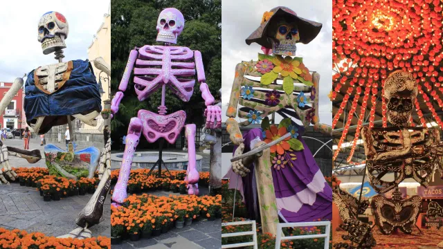 El bolero, el camotero, la florista y el alfarero en el Valle de Catrinas 2025. Foto: Karen Juárez