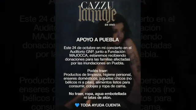 Cazzu anuncia apoyo para Puebla luego de fuertes lluvias. Foto: Instagram Cazzu