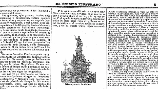Así se publicó el Monumento a Cristóbal Colón en un diario de la época. Foto: HNDM | El Tiempo Ilustrado