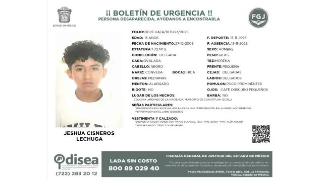 Buscan a Jeshua Cisneros Lechuga. Foto: Fiscalía de Edomex