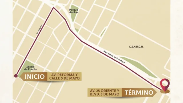 Este será el recorrido del desfile del 20 de Noviembre 2025 en Puebla. Foto: Gobierno de Puebla
