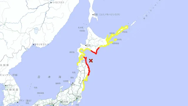 Zonas con alerta (rojo) y advertencia (amarillo) de tsunami por temblor en Japón. Foto: JMA