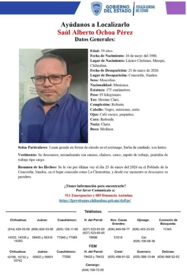 Ficha de búsqueda de José Antonio Jiménez Nevárez. Foto: Fiscalía Chihuahua