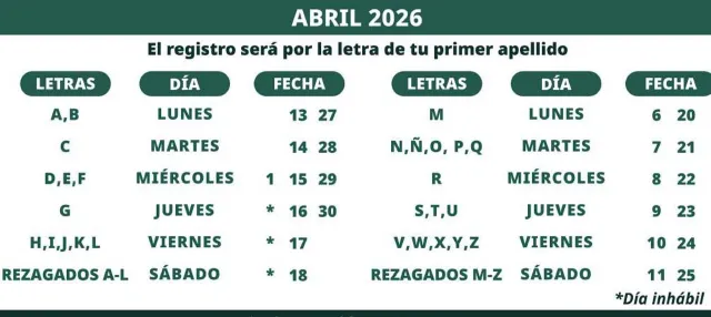 Calendario de registro de credencial de salud de abril. Foto: Secretaría del Bienestar