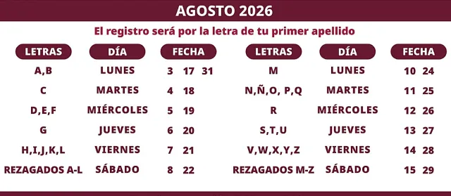 Calendario de registro de credencial de salud de agosto. Foto: Secretaría del Bienestar