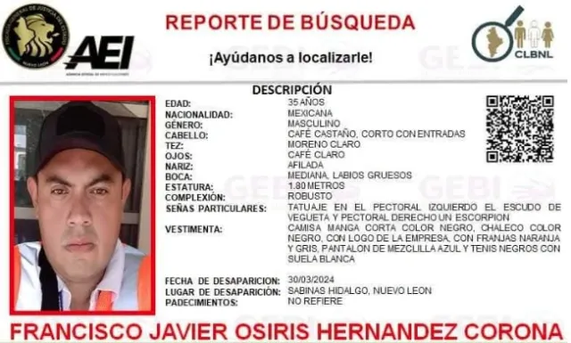 Ficha de búsqueda de Francisco Javier Osiris en Nuevo León.