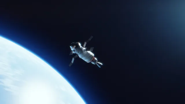 Ilustración de la cápsula Orión desplegando sus paneles solares mientras orbita la Tierra