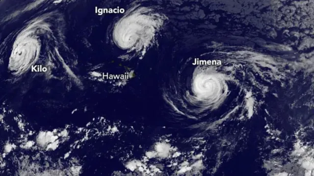 Cuatro ciclones tropicales en el Pacífico el 1 de septiembre de 2015, durante un fenómeno de El Niño. Foto: Proyecto GOES de la NASA/NOAA.