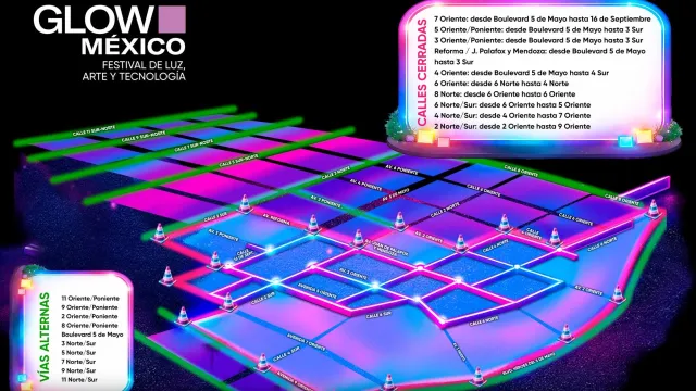 Cierres viales en el Centro Histórico de Puebla por Glow México. Foto: Convenciones Puebla