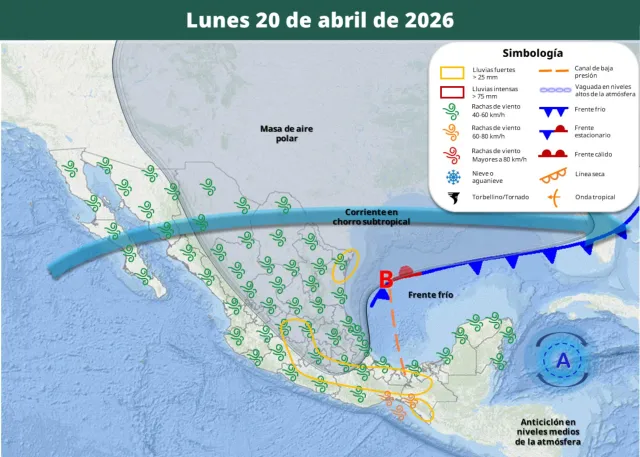 Pronóstico de fenómenos meteorológicos el 20 de abril 2026. Foto: SMN