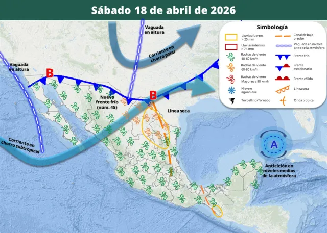 Pronóstico de fenómenos meteorológicos el 18 de abril 2026. Foto: SMN