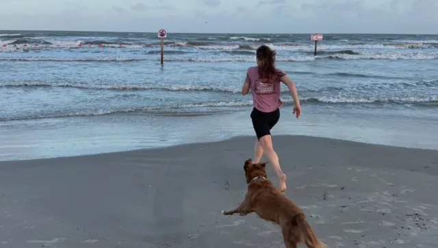 En la playa, Christina Koch y su perrita Sadie disfrutan juntas tras meses de separación por la histórica misión Artemis II.