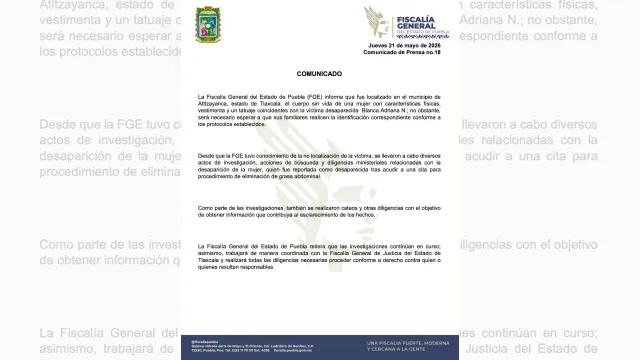Fiscalía de Puebla confirma hallazgo sin vida de Blanca Adriana Vázquez. Foto: FGE Puebla