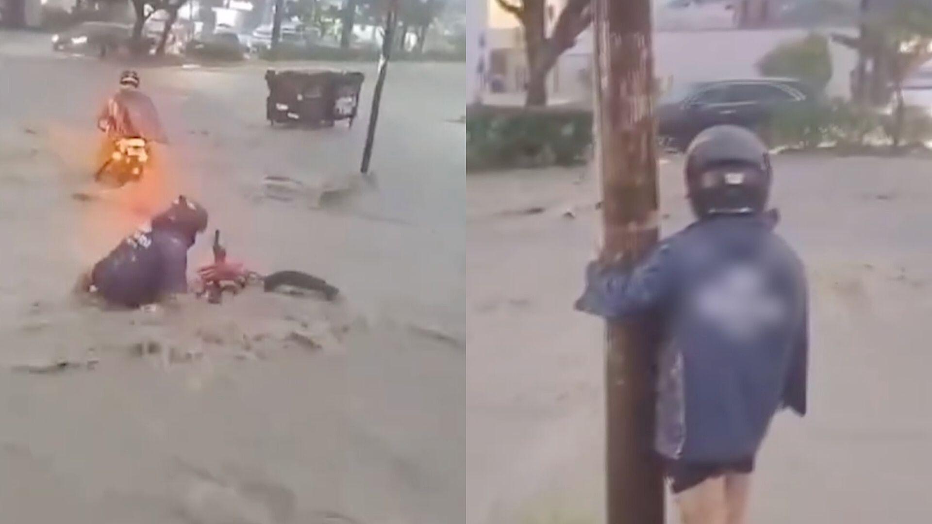 ¡Sale Mal! Joven Intenta Cruzar una Calle Inundada Abordo de su ...